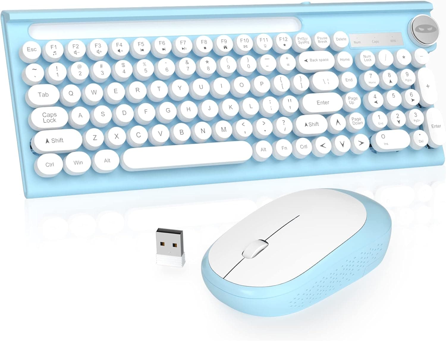 V630 Wireless Keyboard and Mouse Combo, MageGee 2.4G USB 101Keys Wireless Typewriter Keyboard, Waterproof Cute Round Retro Aesthetic Keyboard for Computer,PC,Desktops,Laptop, Mac(White Blue)