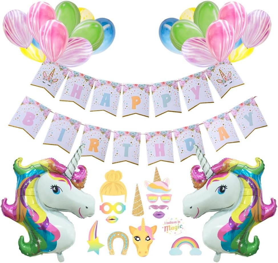 AMZTM Rainbow Unicorn Themed Birthday Party Decorations Kit 1 PCS Unicorn Happy Birthday Banner + 13 PCS Photo Booth Props + 2 PCS Unicorn Mylar Foil Balloons + 20 PCS Rainbow Balloons
