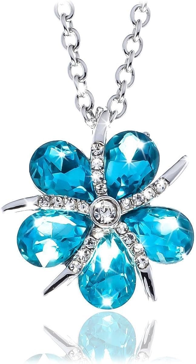 Lovinea Godwin Five Petal Flower Silver Pendant Necklace – Stunning Created Aquamarine Crystal Blue – 18-inch Lead & Nickel-Free Silver Chain Necklace – Unique Jewelry for Women with Gift Box