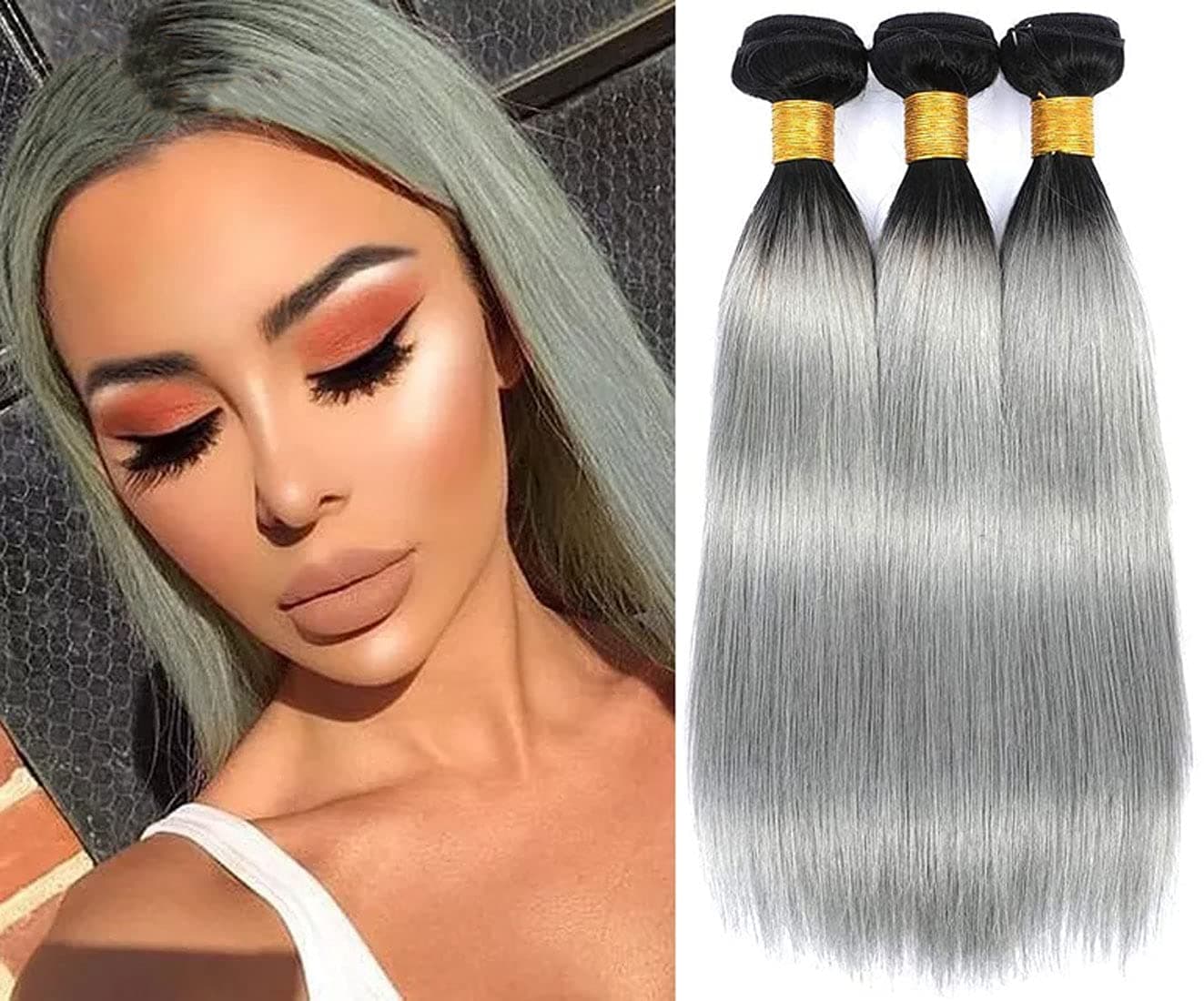 muaowig Gray Human Hair 3 Bundles Tow Tone Straight Brazilian Remy Human Hair Weave For Women Double Weft Hair Weave For Women Grade 8A Ombre Hair Bundles 8 10 12 inch