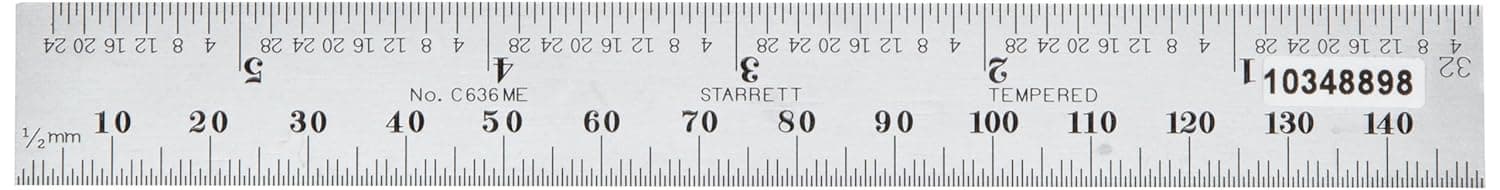 Starrett C636ME-150W/SLC Spring Tempered Steel Rule With Millimeter And Inch Graduations, with Standard Letter of Certification, 150mm Length, 19mm Width, 1.2mm Thickness