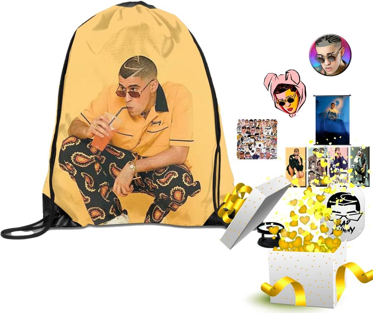 Bad Bunny Set,Drawing Bag+Pillowcase+Stickers+Brooch+Keychain+Phone Holder (A)