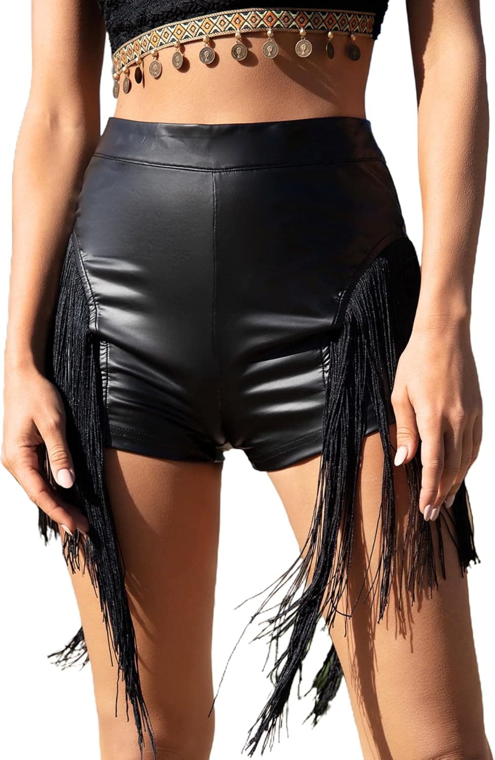 SheIn Women's Fringe Hem PU Leather Straight Leg Shorts High Waist Faux Leather Shorts