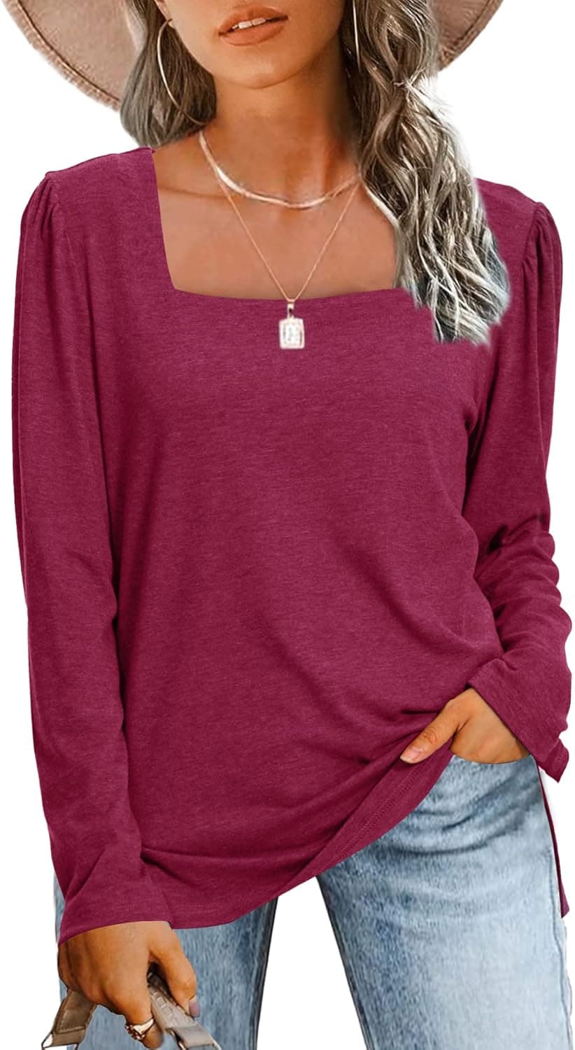 Womens Tops Casual Long Sleeve Square Neck Shirts Puff Sleeve Tshirts Loose Casual Blouse