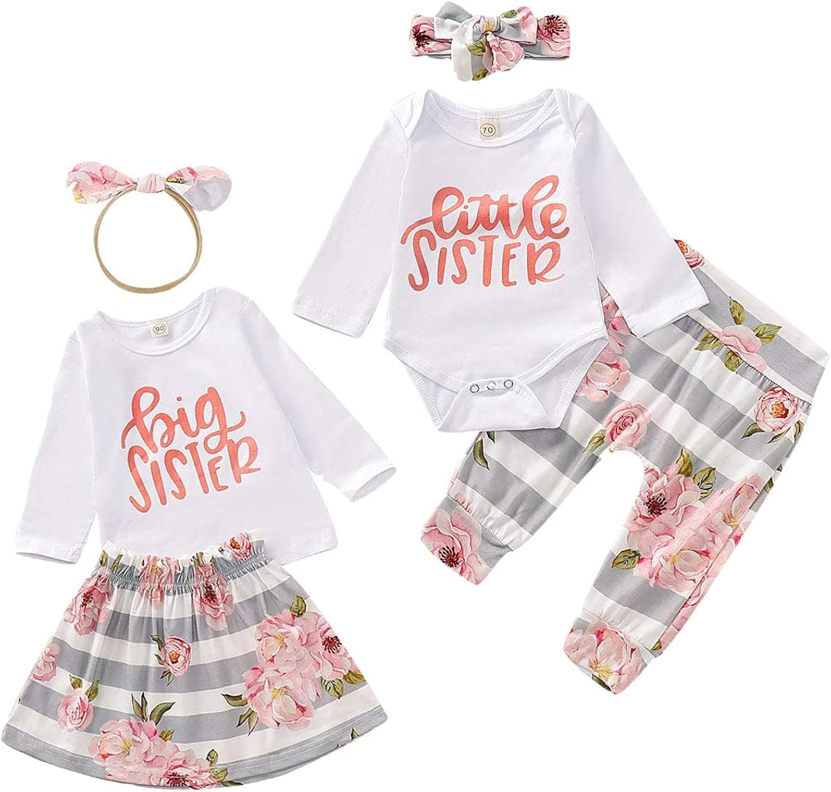 Toddler Baby Girls Sister Matching Outfits Big Kids Little Big Sister Long Sleeve Top Romper + Floral Skirt Clothes Set（Big Sister, 3-4T）