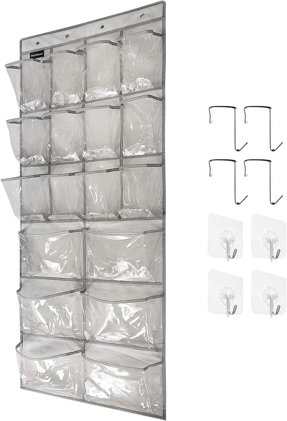TidyMaster 1 Pack Extra Large Hanging Crystal Clear Over Door Shoe Organizers,closet shoe organizer shoe rack organizer shoe storage,12+6Pockets,8Hooks,Gray（59"x 21.6"）
