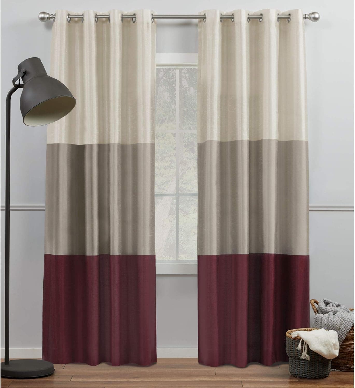 Exclusive Home Chateau Striped Faux Silk Grommet Top Curtain Panel Pair, 54"x108", Burgundy/Taupe