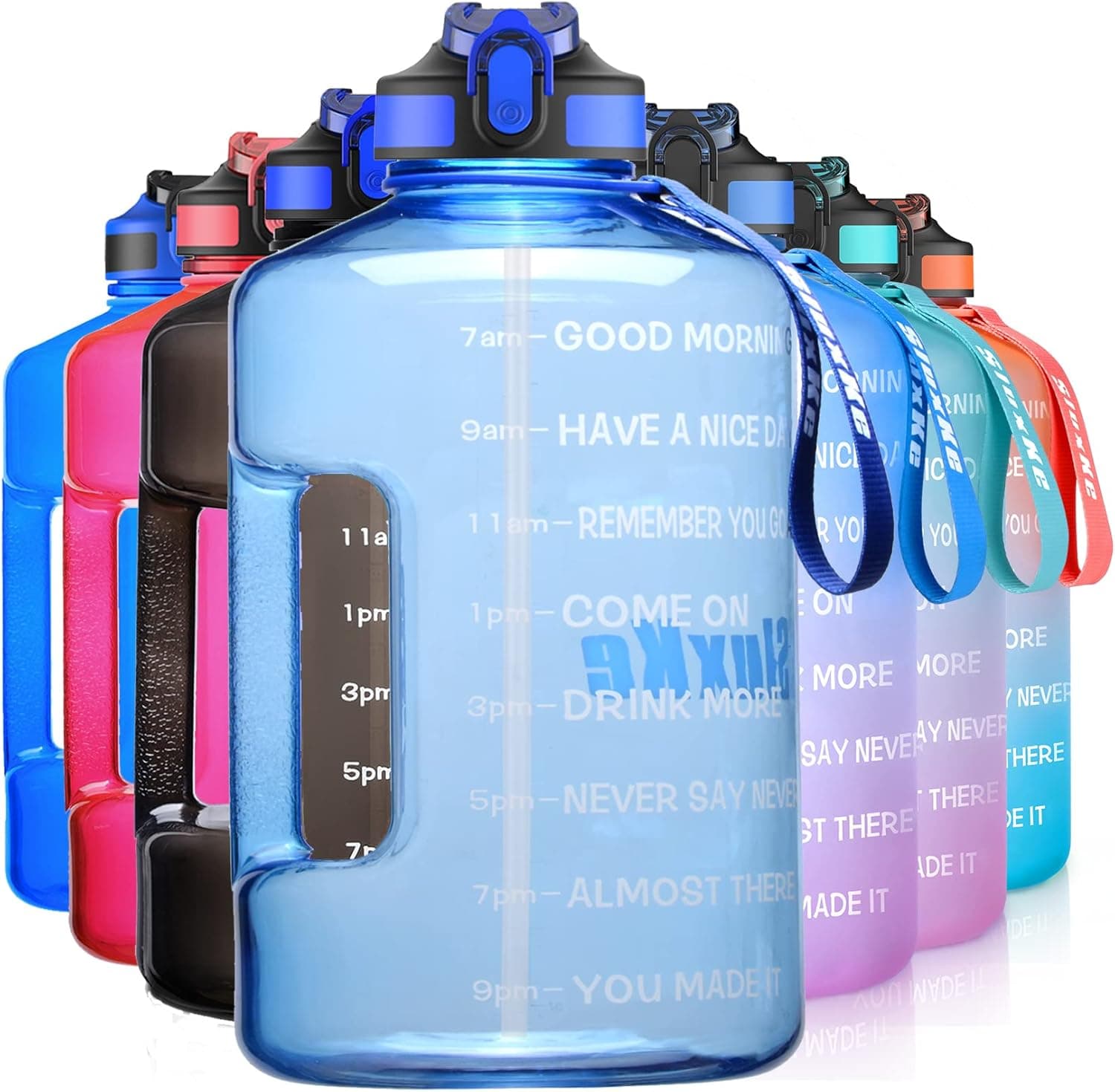 SLUXKE 1 Gallon Water Bottle with Time Marker and Straw, BPA Free 128oz Leak Proof Motivational Large Water Bottle Jug with Handle, Pop Up Open Sports Big Bottle Jug with Comfortable Silicone Nozzle