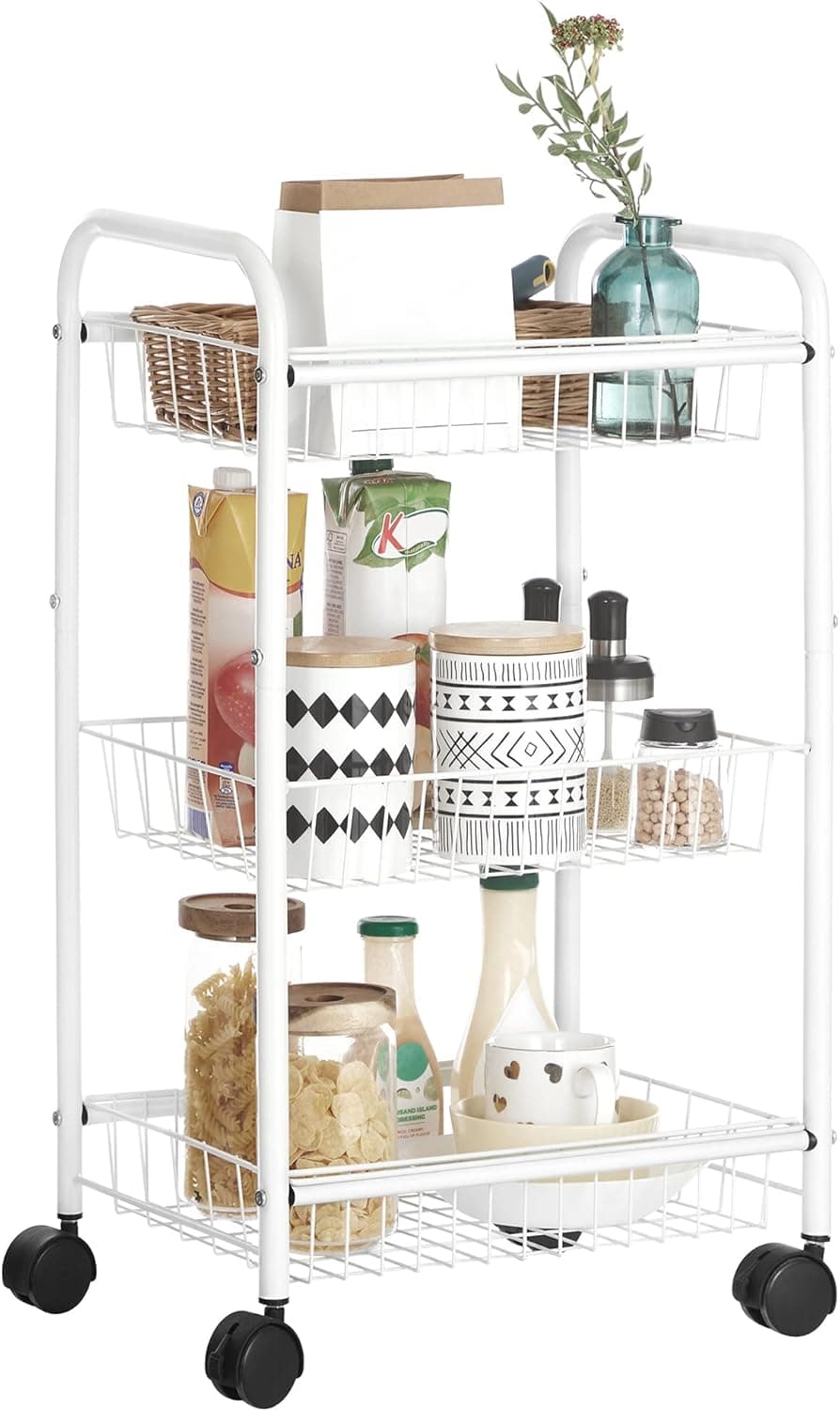 SONGMICS 3-Tier Metal Rolling Cart on Wheels with Baskets, Lockable Utility Trolley with Handles for Kitchen Bathroom Closet, Storage with Removable Shelves, White UBSC003W01