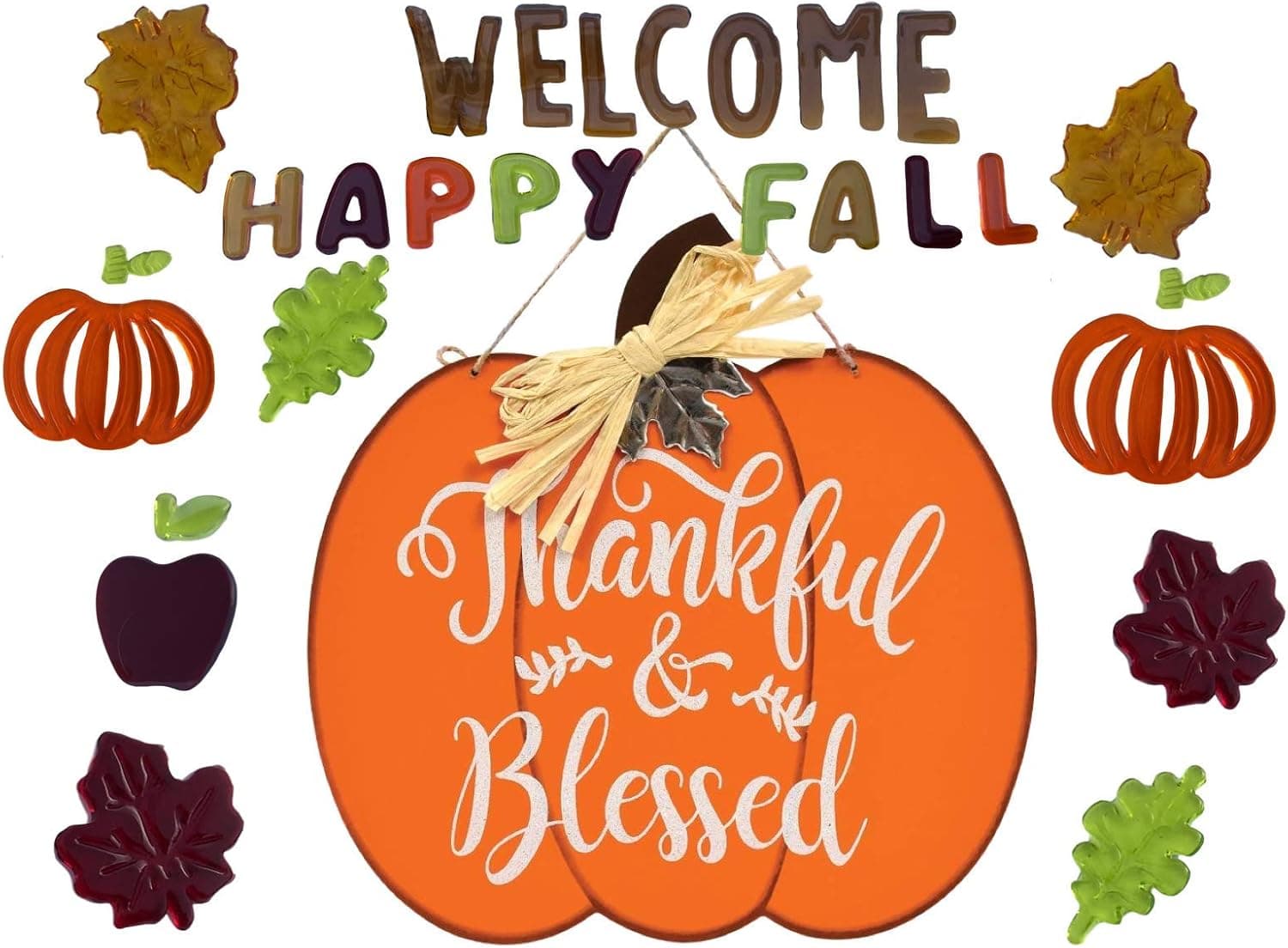 Thankful & Blessed Pumpkin Fall Hanging Sign 12"X12" | Thanksgiving, Welcome Happy Fall Autumn Decorations | Fall Leaves Maple Window Gel Clings