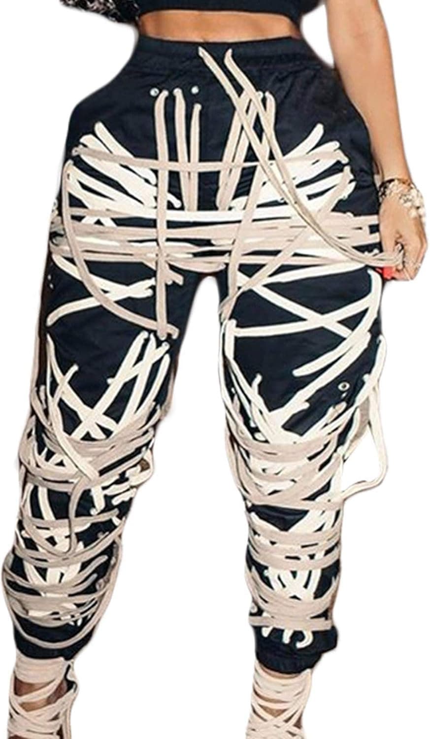 XIAXAIXU Womens Casual Lace Up Straps Drawstring Jogger Jeans Strings Bandage Hip Hop Sweatpants Trousers