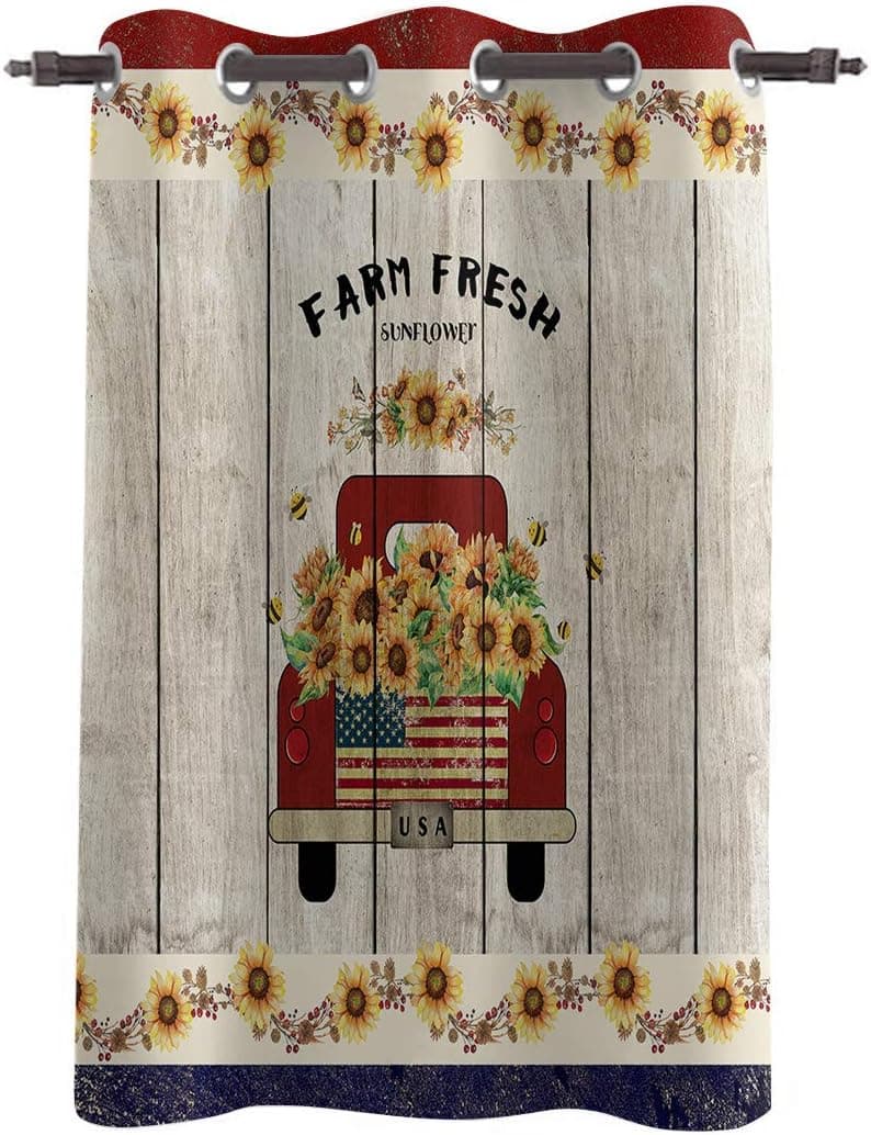 Print Curtains for Kitchen Cafe, Red Truck with Sunflowers on The Vintage Board - Small Window Drapes with Grommet | Room Decor Window Treatment (1 Panel, 52" W x 63" H)
