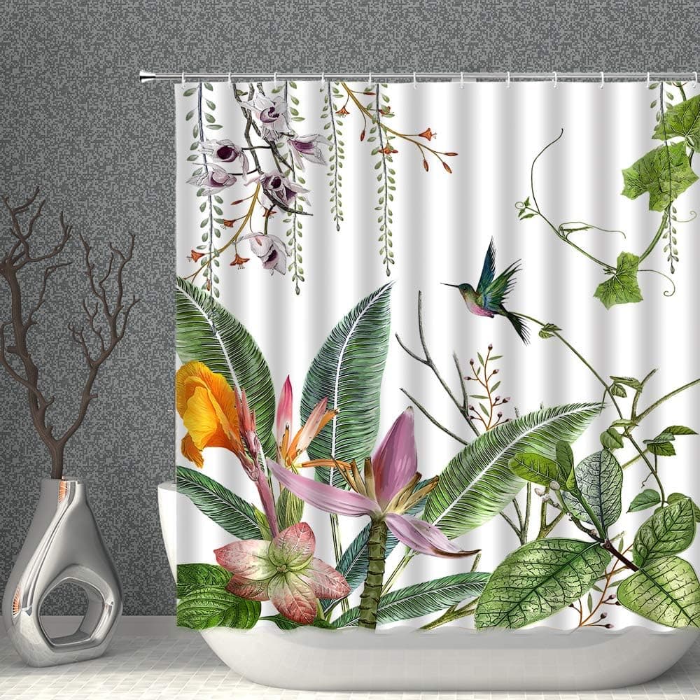 Floral Shower Curtain Tropical Plant Flower Leaf Hummingbird Decor Fabric Bathroom Curtains, Polyester with Hooks 70x70