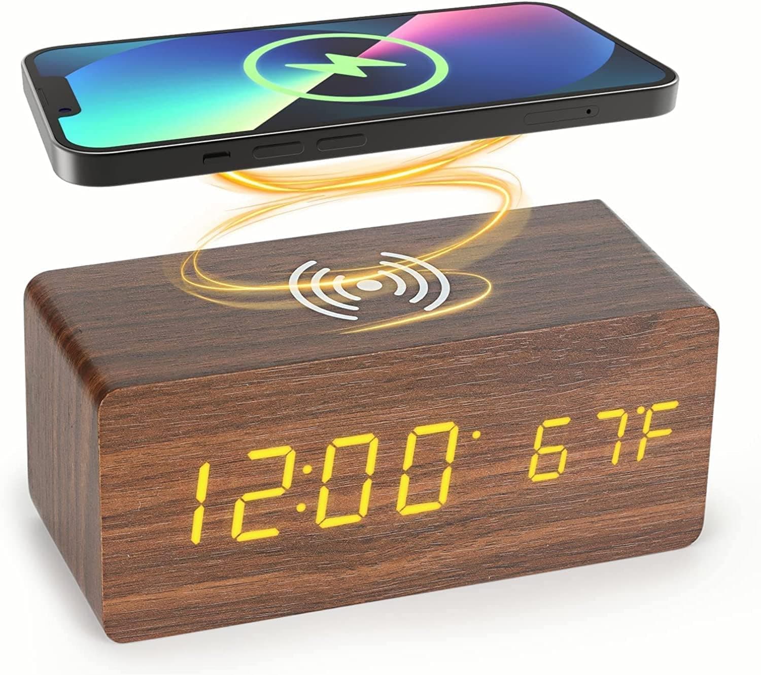 Wooden Digital Alarm Clock, Alarm Clock with Wireless Charging, 3 Alarm Settings, Auto Dimmer, Sound Control Mode, Temperature and Date Display for Office, Travel, Bedroom Alarm Clock (Brown)