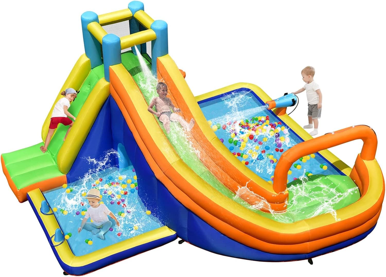 OLAKIDS Inflatable Water Slide, 8 in 1 Bounce House with Slide, Climbing Wall, Splash Pool, Basketball Rim, Water Gun, Tunnel, Outdoor Jumping Park with Hose, Stakes