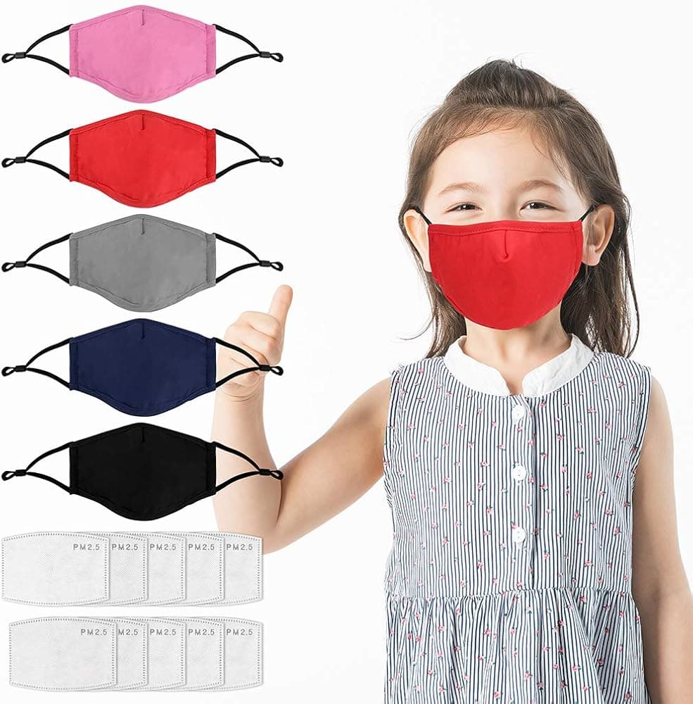 5 Pack Kids Reusable Washable Facial Cotton Covering for Children Outdoor and School - FREE GETTING 10Pcs Filters As a Gift