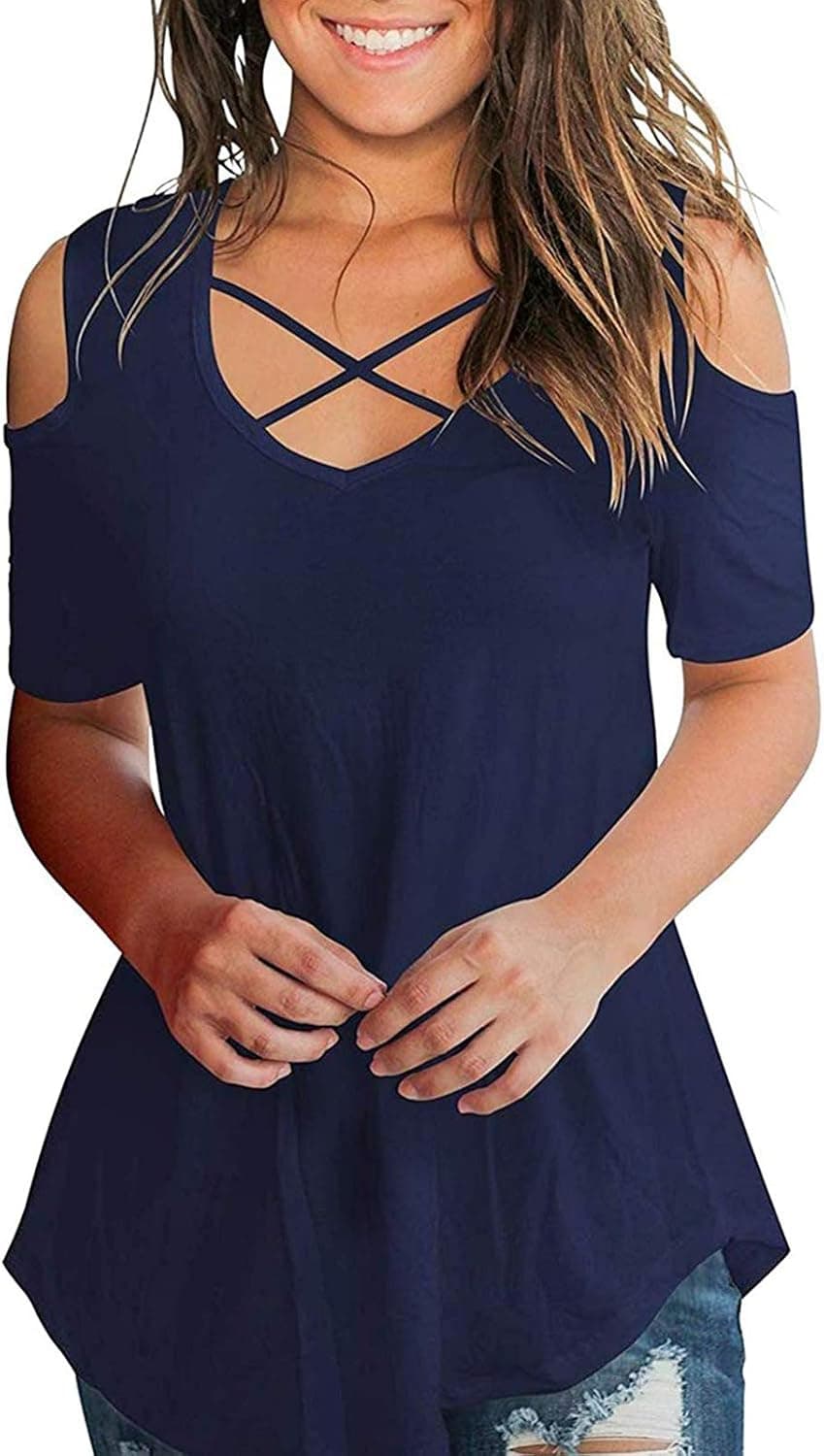 Chalier Cold Shoulder Tops for Women,Navy Blue,M
