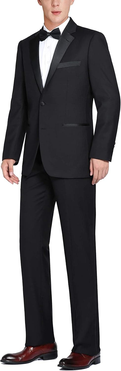 CHAMA Men’s 2 Piece Tuxedo Suit Classic & Slim Fit Single Breasted Two Button Satin Notched Lapel Tuxedo Suit Formal Dress Suit Wedding Suit for Men (Charcoal Black, 54 Regular /48 Waist)