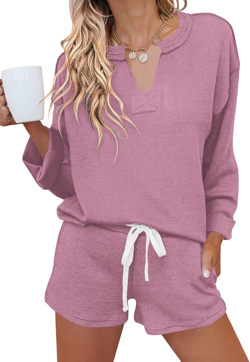 Ekouaer Women Pajama Set Waffle Knit Set