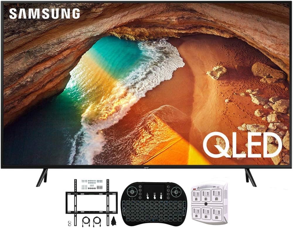SAMSUNG QN49Q60RA 49" Q60 QLED Smart 4K UHD TV with CPS Enhanced Protection Pack (Renewed) Flat Wall Mount Bundle with Deco Gear 2.4GHz Wireless Keyboard Smart Remote and Surge Protector