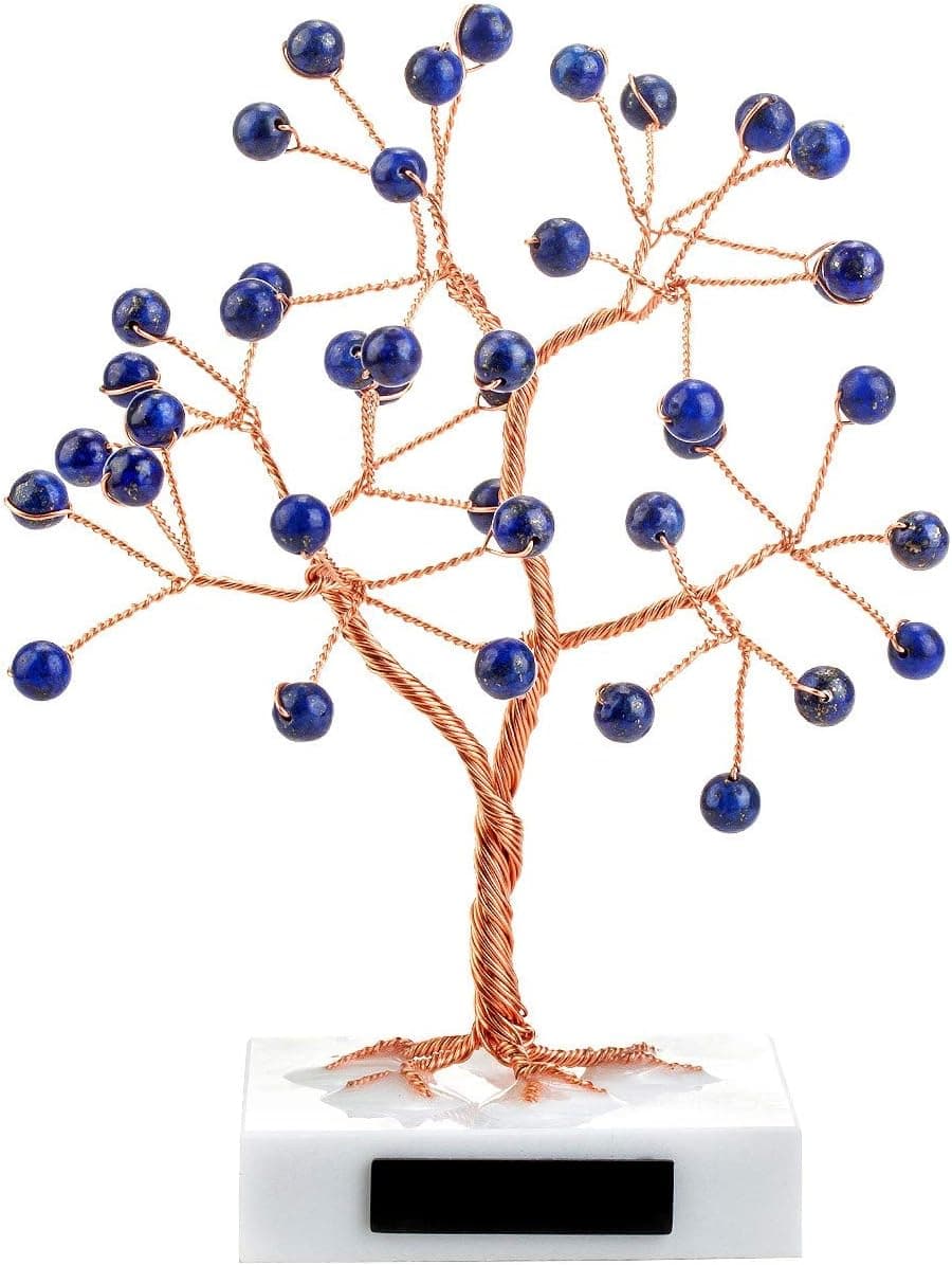 CrystalTears Natural Lapis Lazuli Crystal Stone Tree Copper Wire Wrapped on Marble Base Tumbled Reiki Healing Crystal Gemstone Tree for Home Office Desk Decor 5.5"