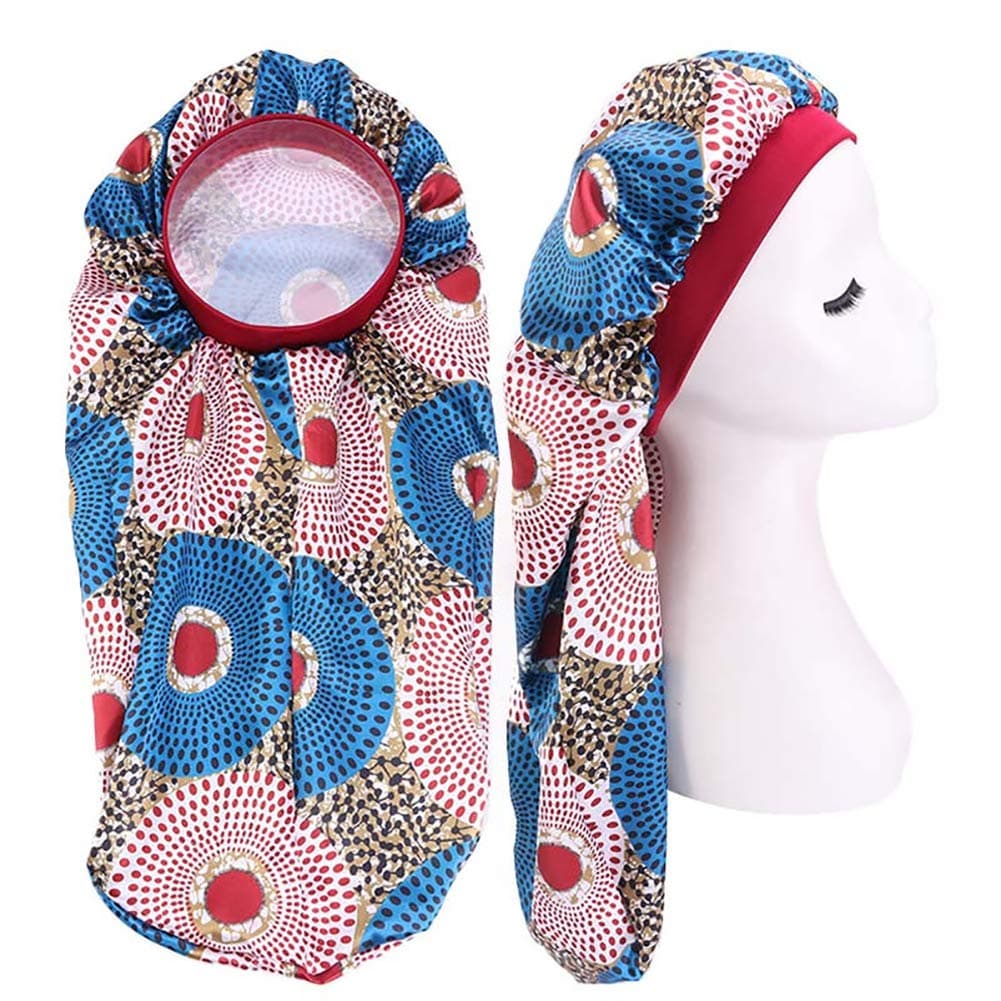 Extra Long Colorful Satin Bonnet Sleep Cap Long Bonnet for Braids Hair Loose Cap (Round Peacock Blue)