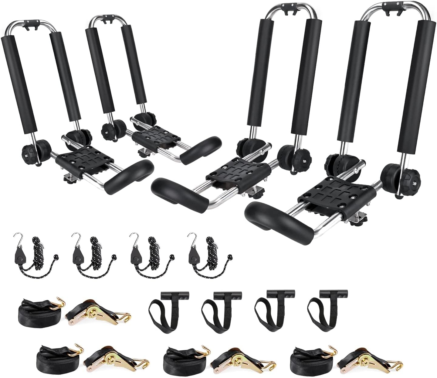 AA-Racks Kayak Roof Rack for 2 Kayaks Foldable Stainless Steel J-Bar Rack Roof Top Mount with Tie Down Straps & Anchor Straps, Folding Carrier for Your Canoe, SUP and Kayaks on SUV Car Truck