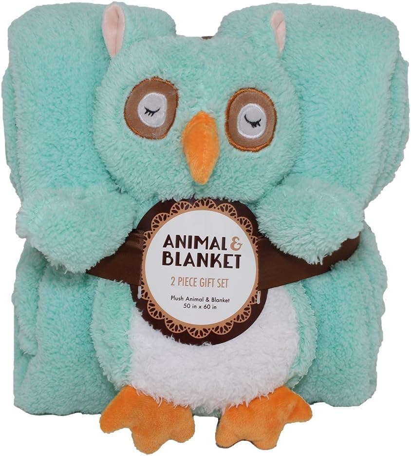 SILVER ONE Sherpa Plush Stuffed Animal and Throw Blanket 2 Peice Gift Set for Kids/Children | 50" x 60" Soft Plush Throw, Teal Owl