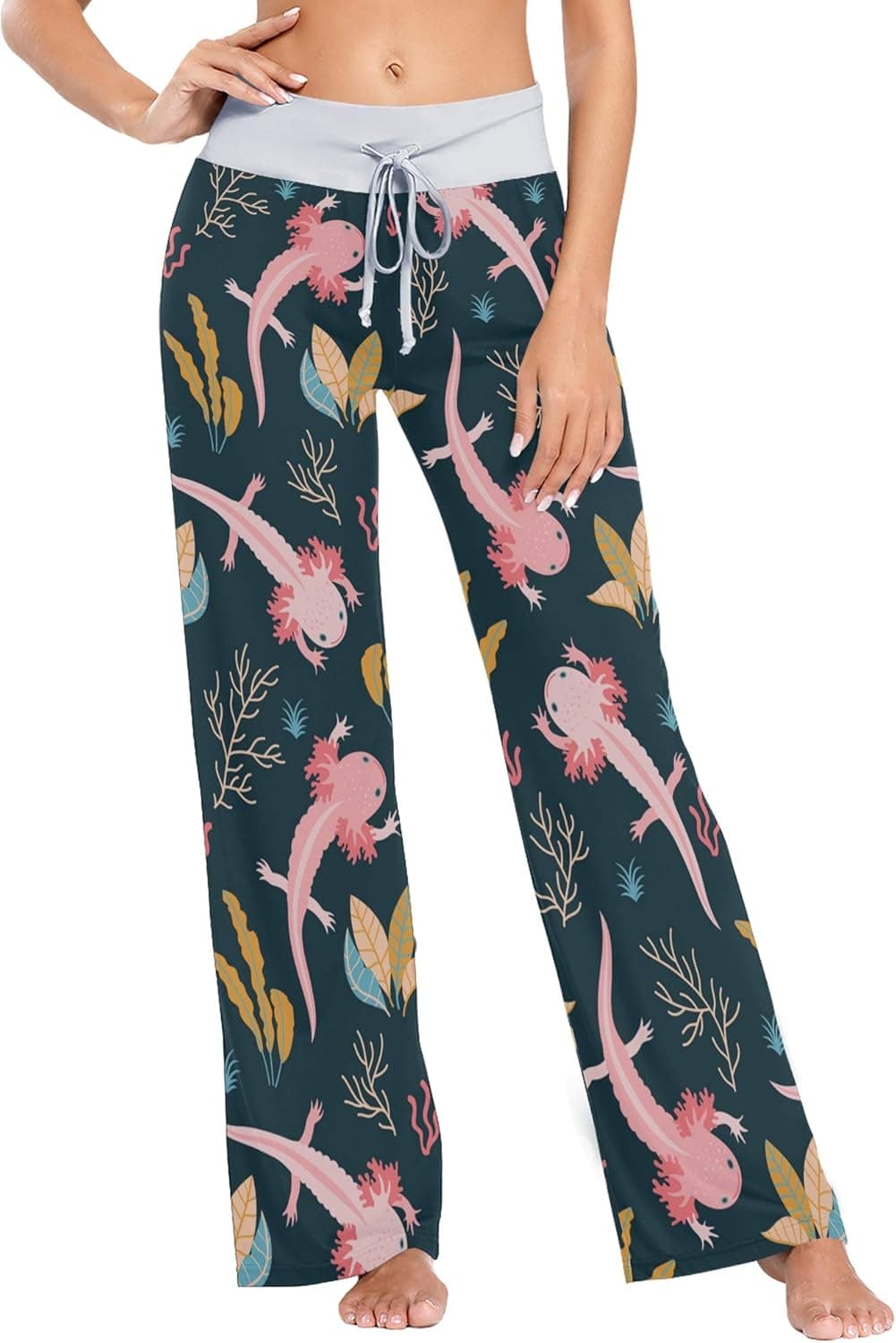 I·D Good Figure Women's Comfy Casual Pajama Pants Funny Animal Print Drawstring Palazzo Lounge Pants Wide Leg