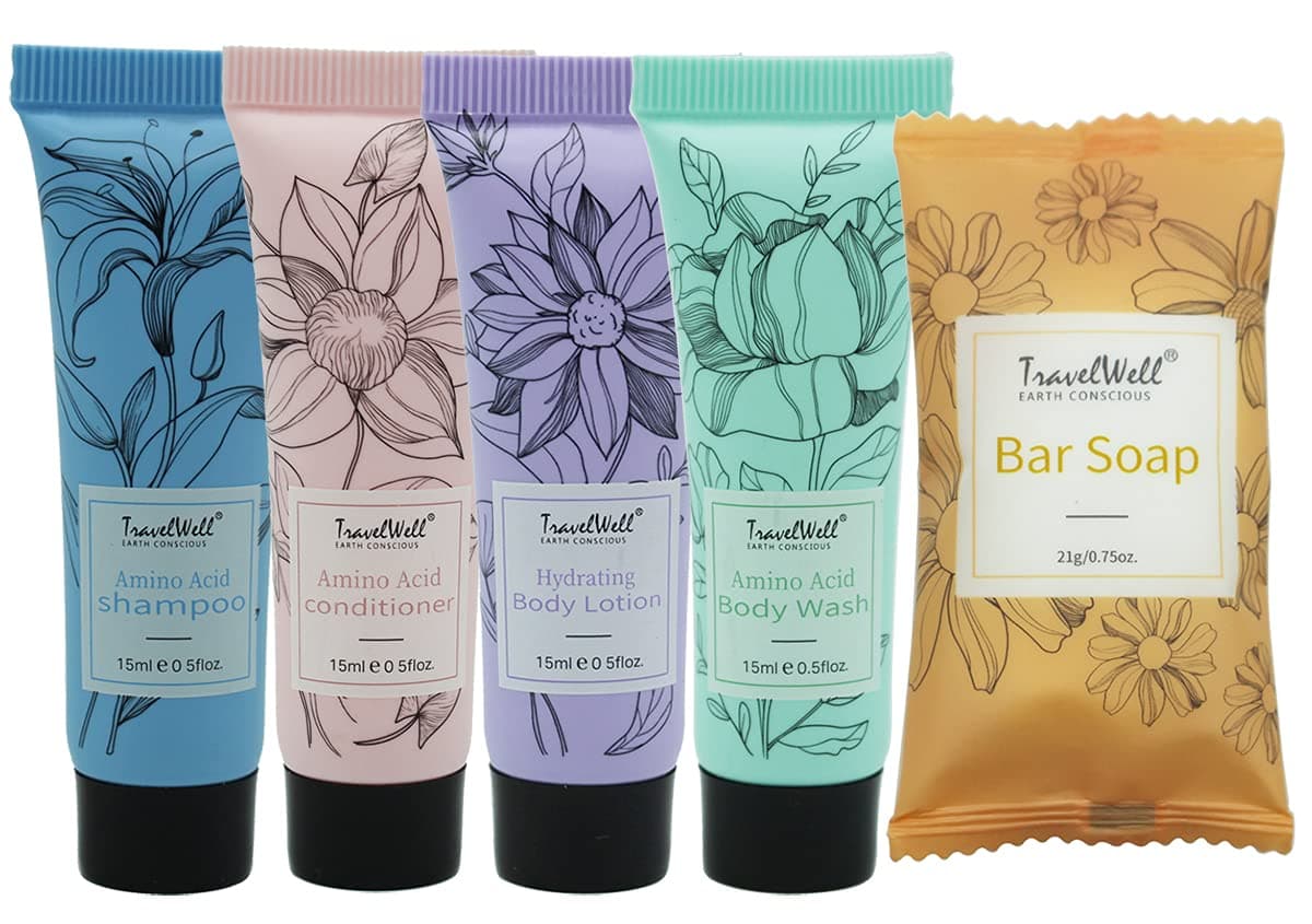 TravelWell Flower Series Individually Wrapped 15ml/0.5 Fl Oz Shampoo Conditioner Body Wash Body Lotion + 21g/0.75 Oz Cleaning Soap 60 Each 300 Pcs in Total