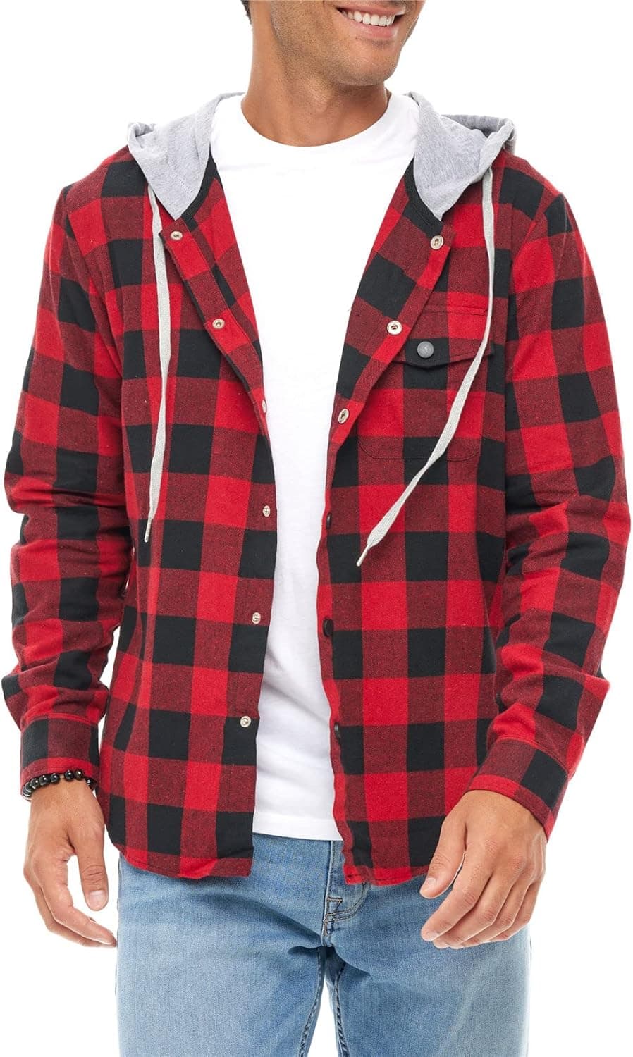 JMIERR Mens Casual Long Sleeve Button-Down Hooded Flannel Shirts for Men Lightweight Drawstring Hooded Jackets Shirt