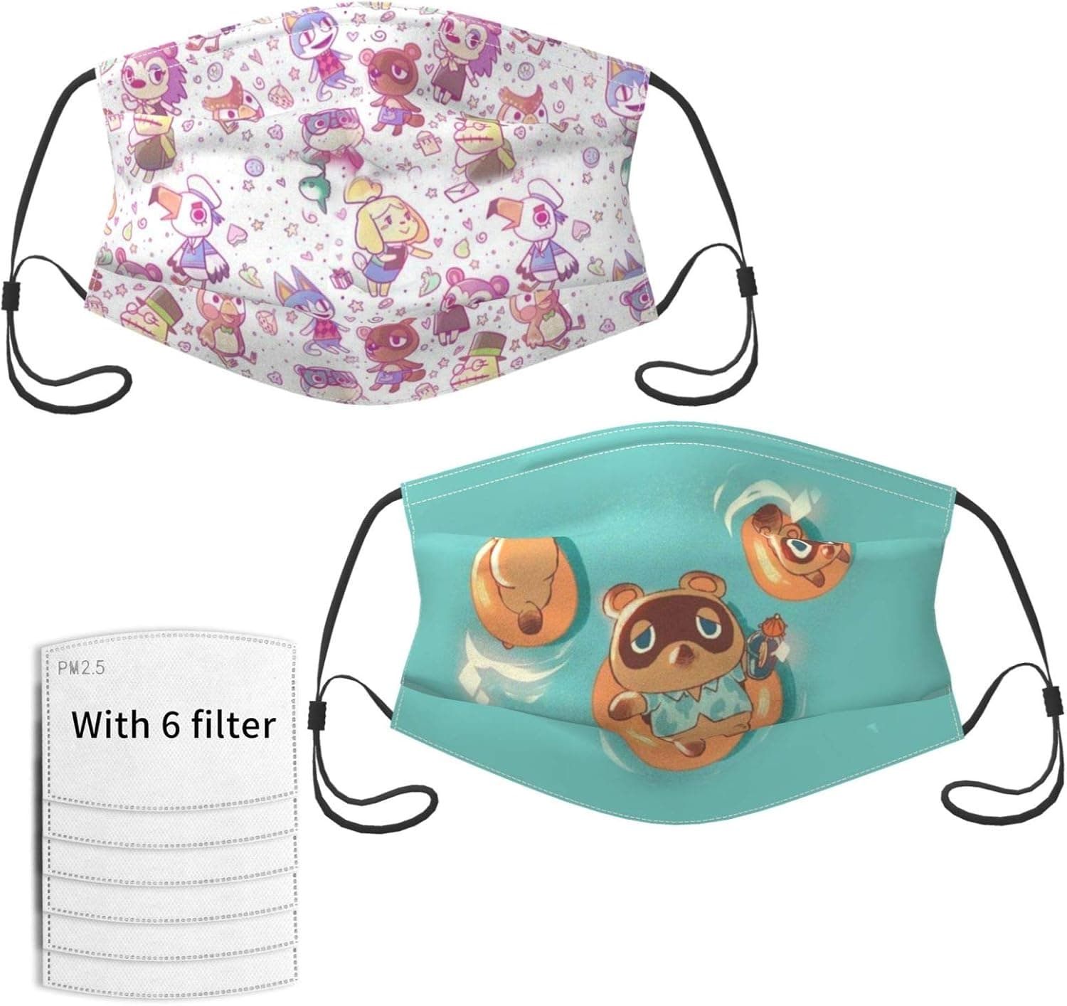 2 Pcs Anim-Al Cro-Ssing Merch Kawaii Face Mask For Children Gift Mesh Fabric Bandanas Neck Gaiter For School And Everyday Use Funny Anime Face Cover With 6 Filters