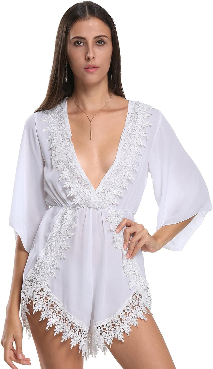 Choies Women's Deep V Neck Lace Embellished Casual Romper Playsuit