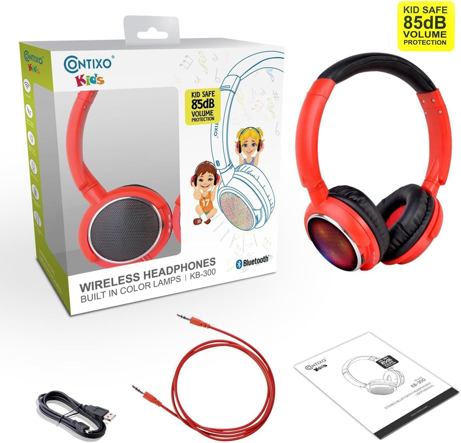 Contixo KB300 Kid Safe 85DB Over The Ear Wireless Bluetooth LED Headphone w/Volume Limiter, Built-in Microphone, Micro SD, FM Stereo Radio (Red) - Best Gift