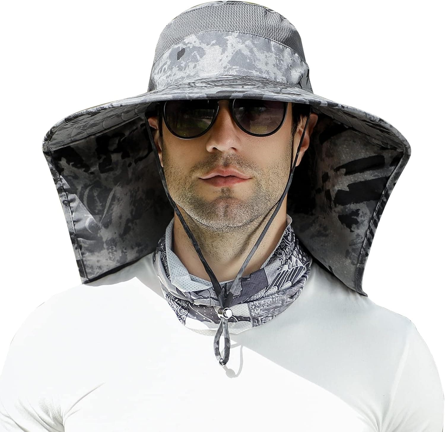 Wide Brim Sun Hat with Neck Flap for Men Women UPF 50+Waterproof Fishing Hiking Safari Hat Cap with UV Protection