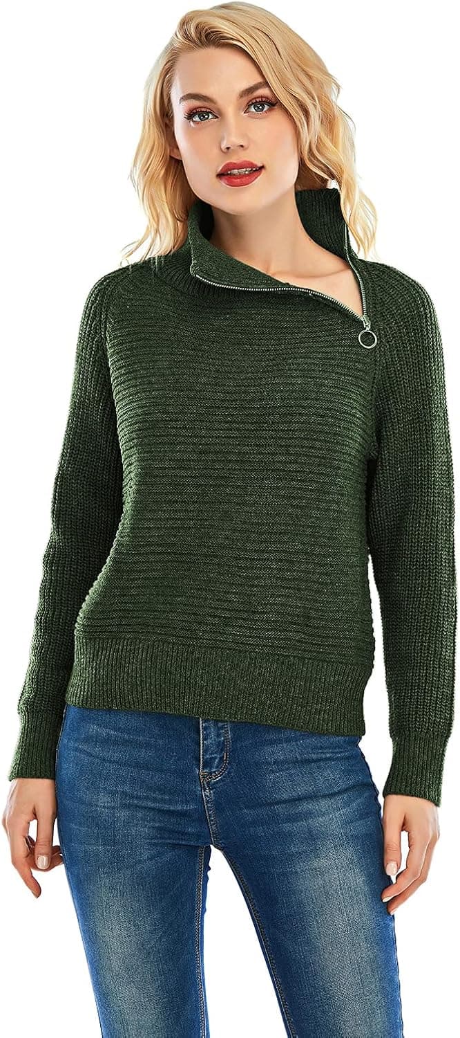 ISOMEI Women's Turtleneck Oversized Sweaters Long Sleeve Winter Loose Chunky Knit Pullover Tops with Zip (Army Green,Medium)