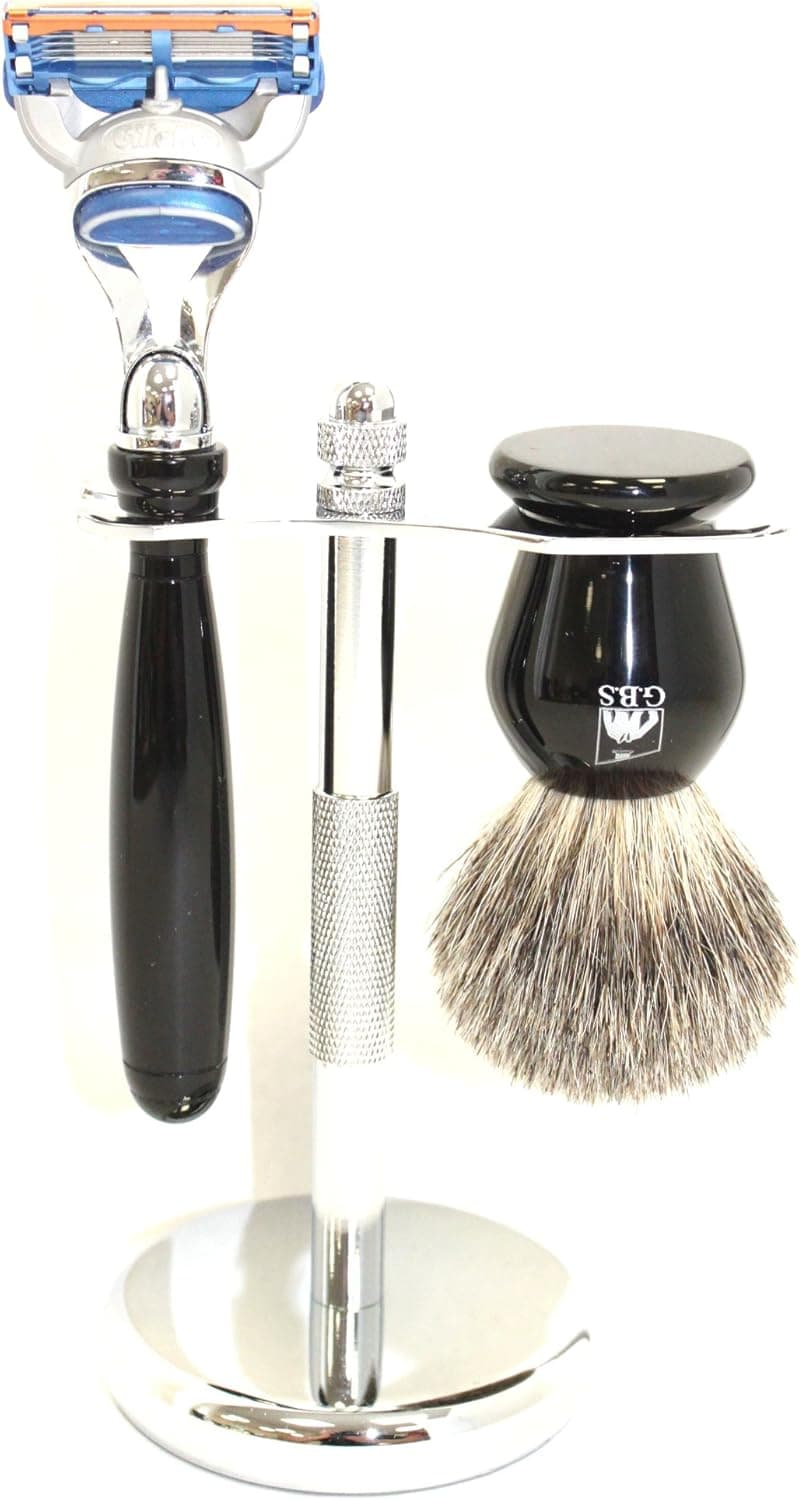 Gbs Shaving Gift Set 3 Pc With Black Fusion Razor, Pure Badger Brush And Chrome Stand From by GBS