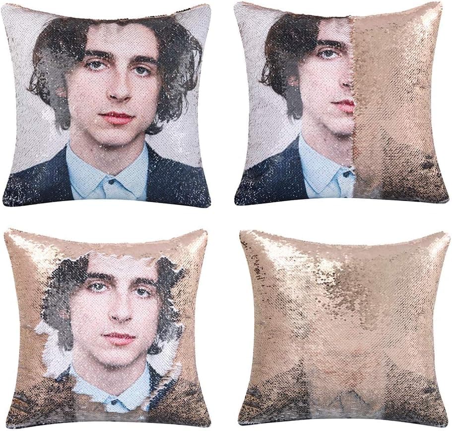 Magic Timothee Chalamet Reversible Sequin Throw Pillow Cover Mermaid Decorative Cushion Cover Funny Gag Gifts 16 X 16 Inch Champange