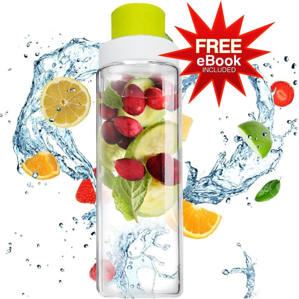 Glass Fruit Infuser Water Bottle, BPA, BPS and Tritan Free, Easy to Clean Water Infuser, 14oz/400ml size, Grey Lanyard. Infused with Love eBook Included.