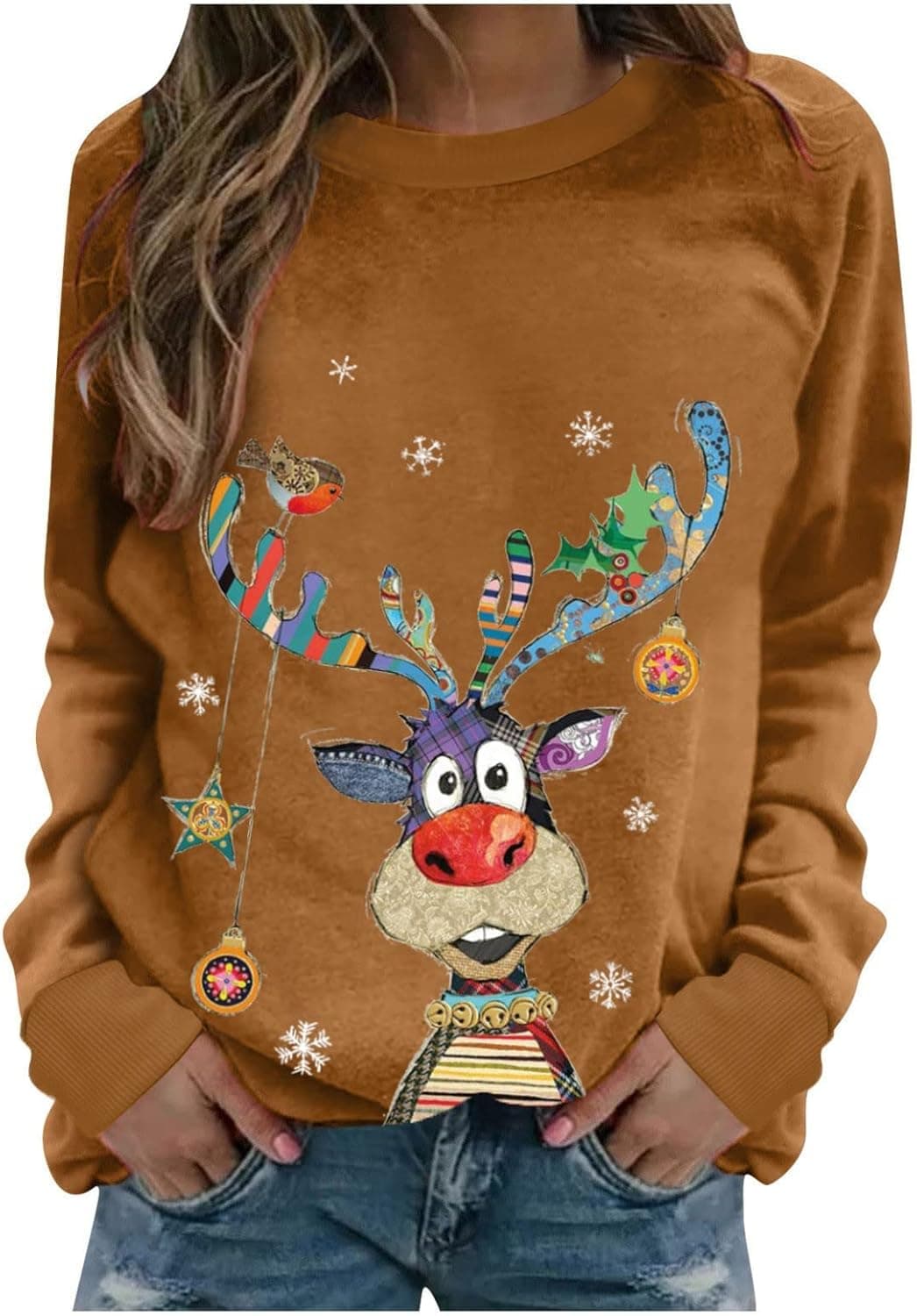 Womens Glitter Christmas Tree Sweatshirts for Women Casual Loose Long Sleeve Crewneck Pullover Color Block Tunic Shirt