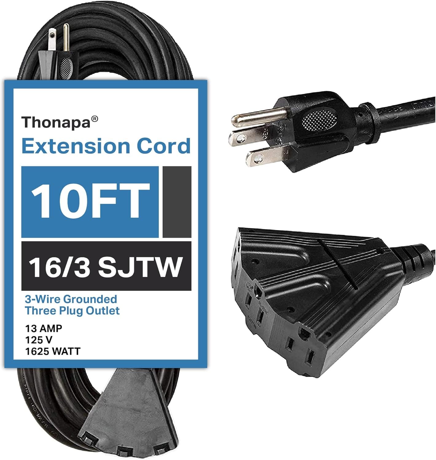 THONAPA Black Extension Cord 10 ft with 3 Outlets, 10ft Outdoor Extension Cord with Multiple Outlets 3 Prong, 16/3 SJTW Pigtail Cable for Indoor/Outdoor Great for Home, Office, Lawn Mower, Landscaping