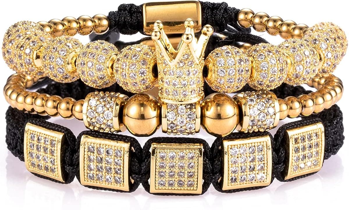 MAGIC FISH Imperial Crown King Mens Bracelet Pave CZ ,Gold Bracelets for Men Luxury Charm Fashion Cuff Bangle Crown Birthday Jewelry