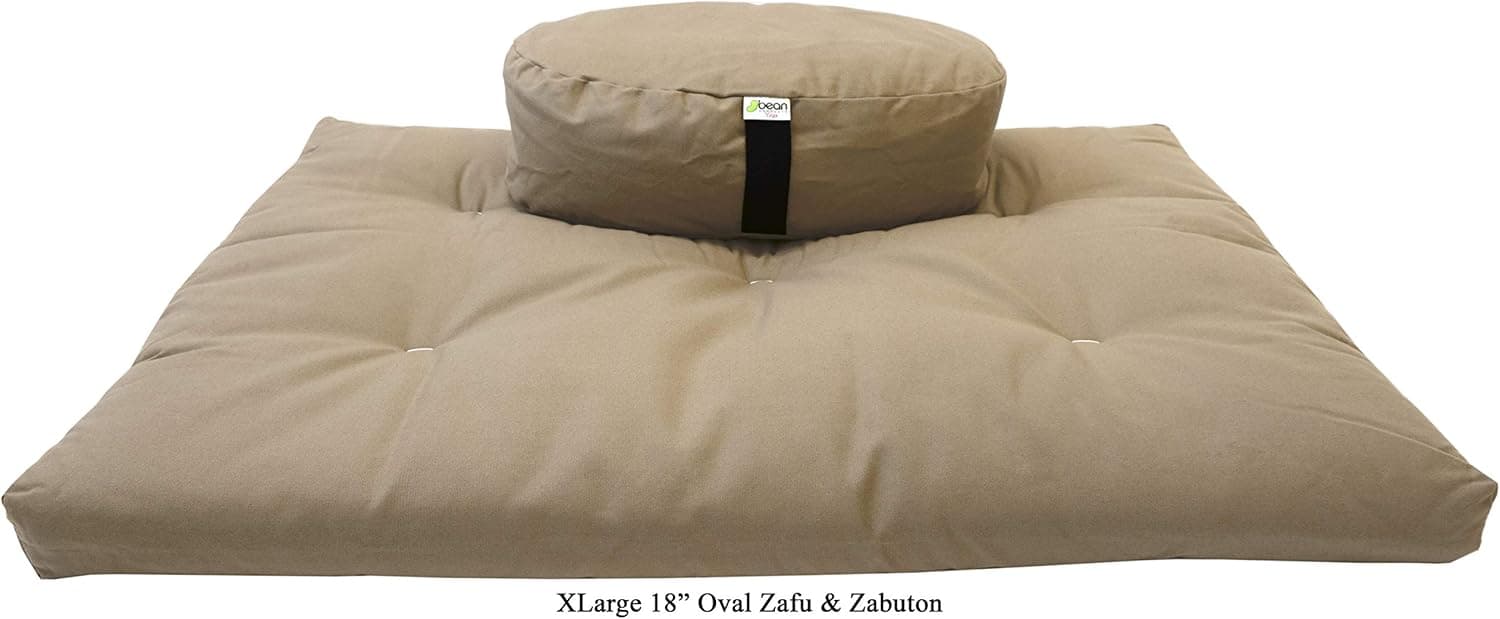 Bean Products Khaki Oval 14"x18" XL Zafu + Zabuton Meditation Cushion Set - 100% Cotton - Organic Buckwheat Fill - Made in USA