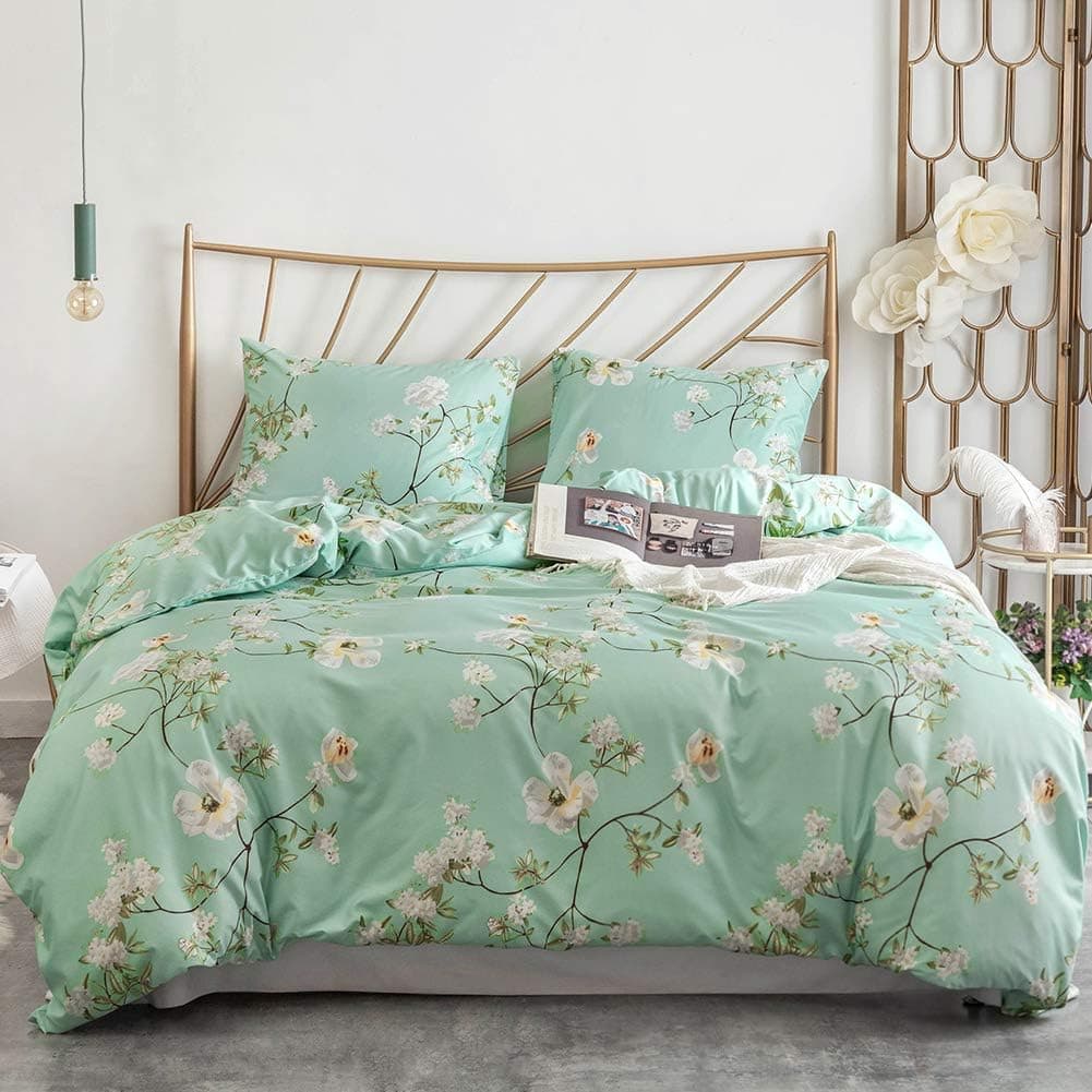 Argstar 3 Pcs Teal Duvet Covers Set King Size, Botanical White Apricot Flower Bedding Sets, Green Leaves Comforter Cover, Soft Lightweight Microfiber, 1 Duvet Cover and 2 Pillow Shams
