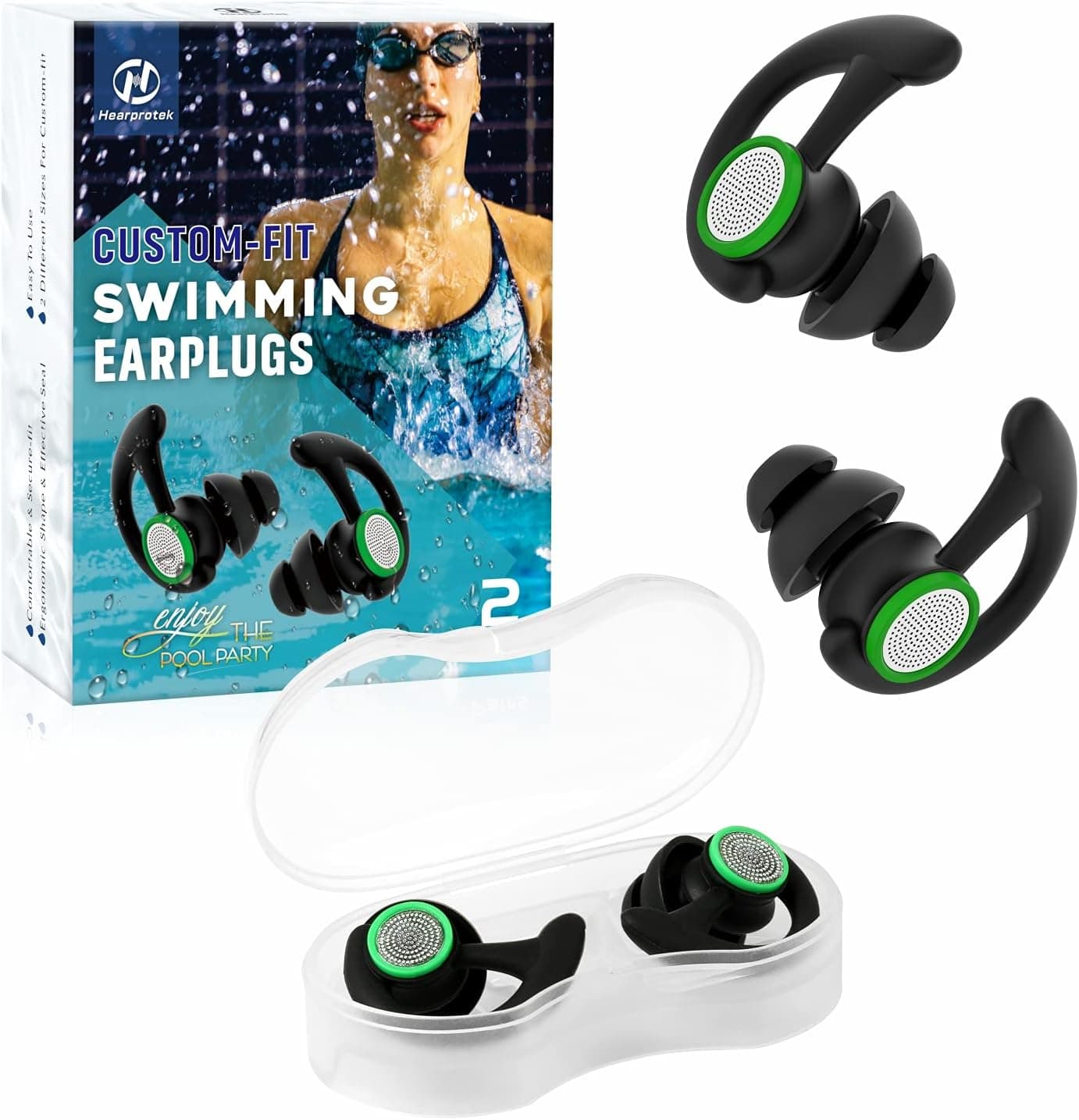 2 Pairs Ear Plugs for Swimming Adults, Hearprotek Reusable Custom-fit Swim Water Ear Plugs Men Women for Swimmers Shower Pool Bath Surfing Kayaking Canoeing(Black)
