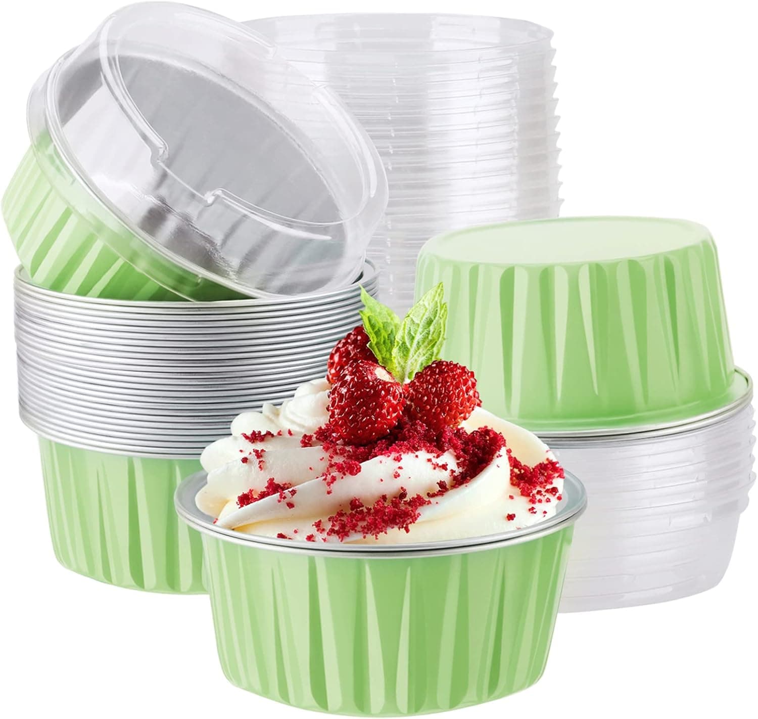 Baking Cups with Lids, EUSOAR 30pcs 5oz Disposable Aluminum Foil Muffin Liners Ramekins Cupcake Baking Cups, Disposable Foil Baking Cups Containers Mini Pie Pans for Creme Brulee or Cupcake-Green