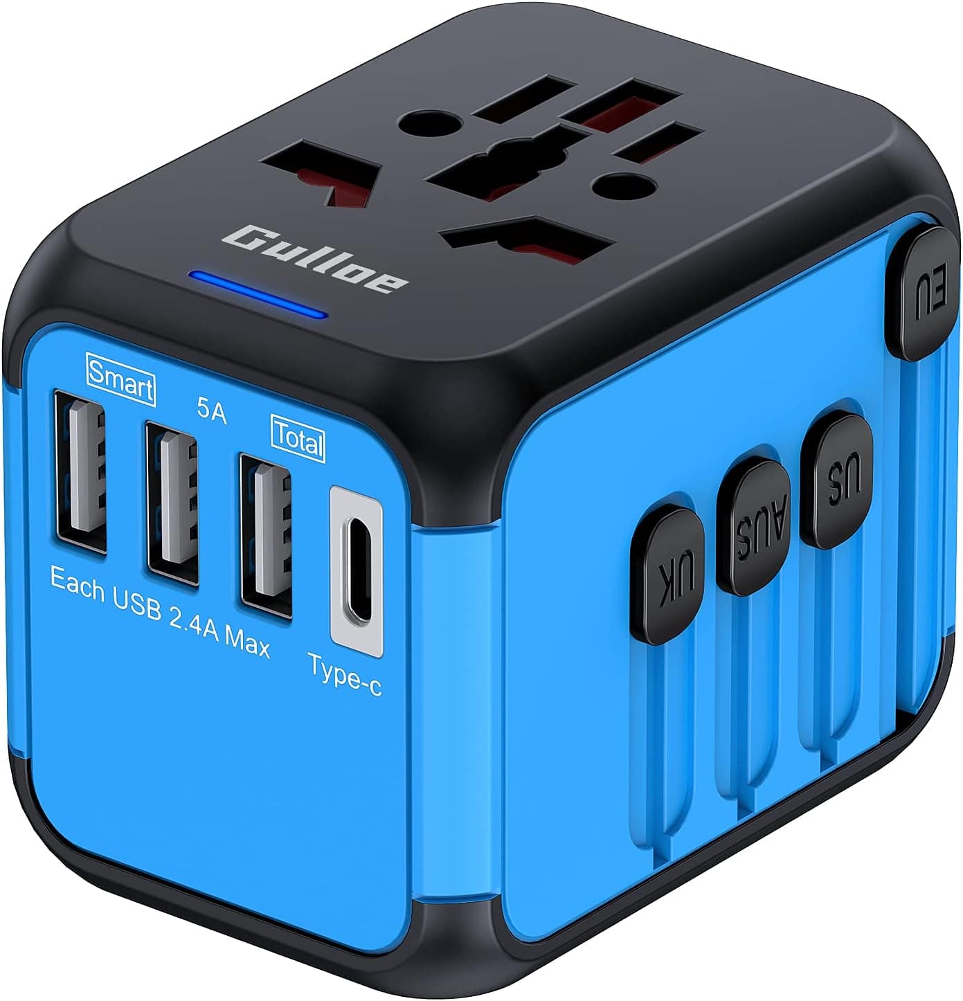 Gulloe Universal Travel Adapter, International Wall Charger AC Plug Adapter with 5A Smart Power and 2.4A USB and Type-C for USA EU UK AUS (Blue)