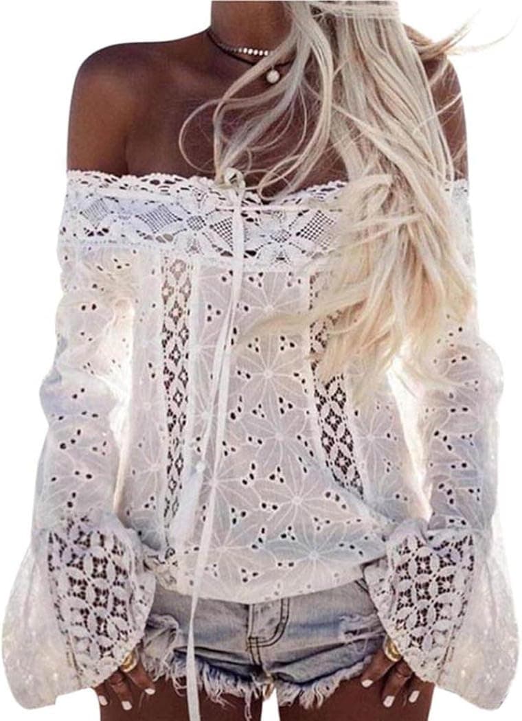 Vovotrade Women's Off Shoulder Long Sleeve Lace Loose Blouse Tops T-Shirt