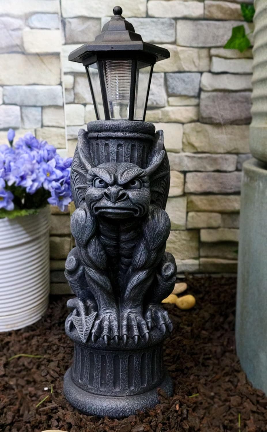 Ebros Faux Stone Gothic Crouching Winged Gargoyle Statue with Solar LED Lantern Light Post 20" Tall Decor Figurine