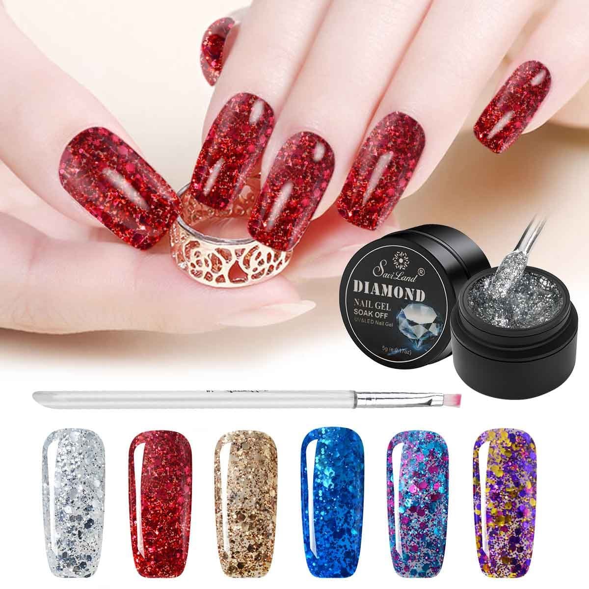 6 Color Glitter Nail Polish+ Painting Pen, Saviland Soak off Diamond Gel Nail Varnish Set